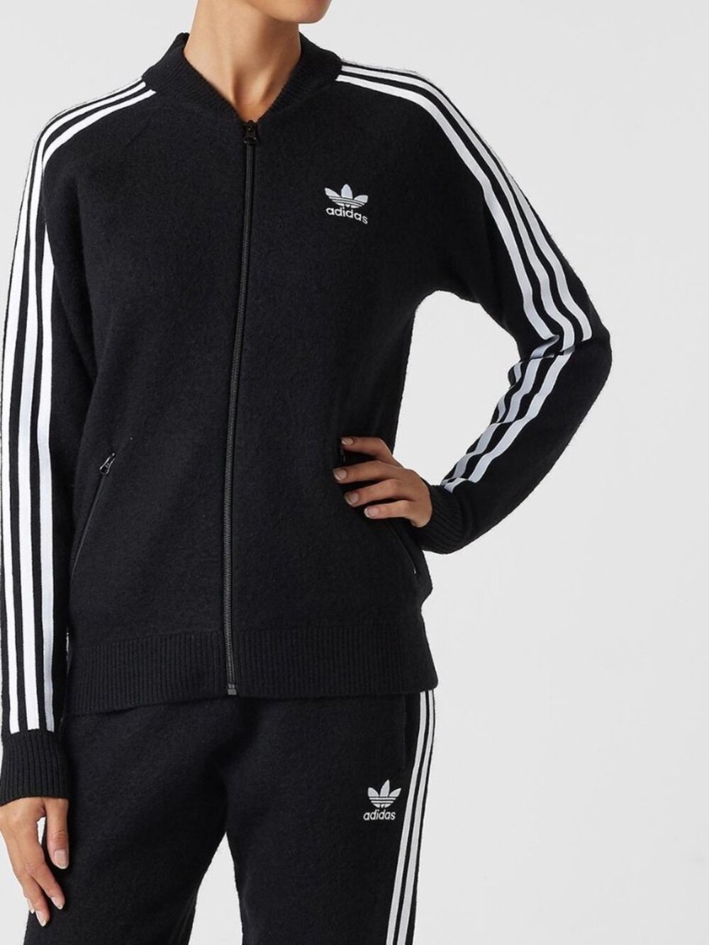 NEW! ADIDAS Superstar Three Stripe Fuzzy Wool Knit Track Jacket in Black WOMEN M